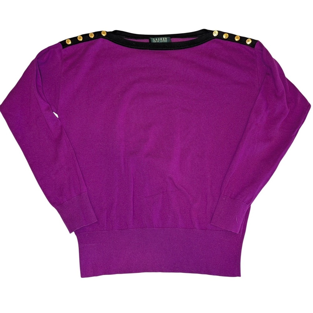 Ralph Lauren Womens Purple Crew Neck Sweater Gold Button Shoulder Detail M